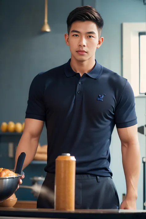 (armface:1.3) , handsome young man standing, (have a mustache:0.8) , (short hair:1.2),(polo shirt:1.2), (navy blue shirt:1.2),bl...