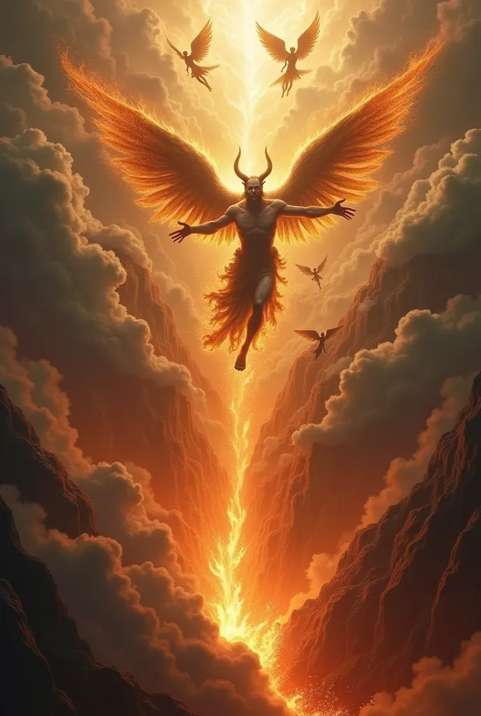 An image of Satan falling from heaven with the angels following him, The image shows the fall of the same and his angels from heaven to hell, As they fall, their wings and bodies begin to burn even before they reach the opening that opens in the ground., representing Hell