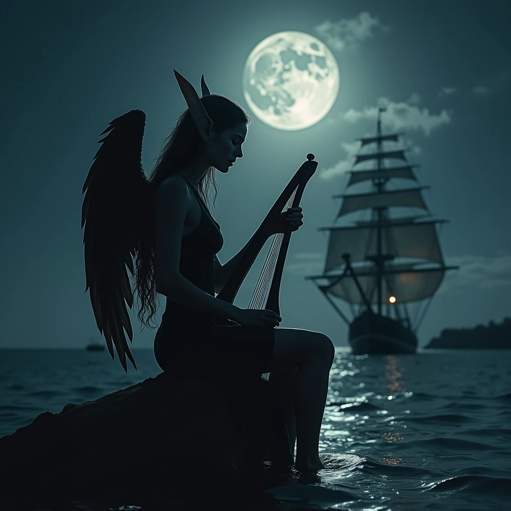 Black elf woman、Female elf with wings on her back、A large sailing ship capsizes and sinks、A large sailing ship that is completely destroyed and sinks、Sitting on a piece of wood and playing the lyre、Sharp Eyes、smile、Backlight、The sea reflecting the moonlight、Dark night sky、