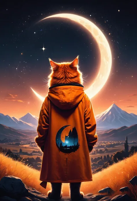 a fluffy orange cat, surreal landscape with moonlight, hooded silhouette with faceless features, silhouette accentuated with glo...