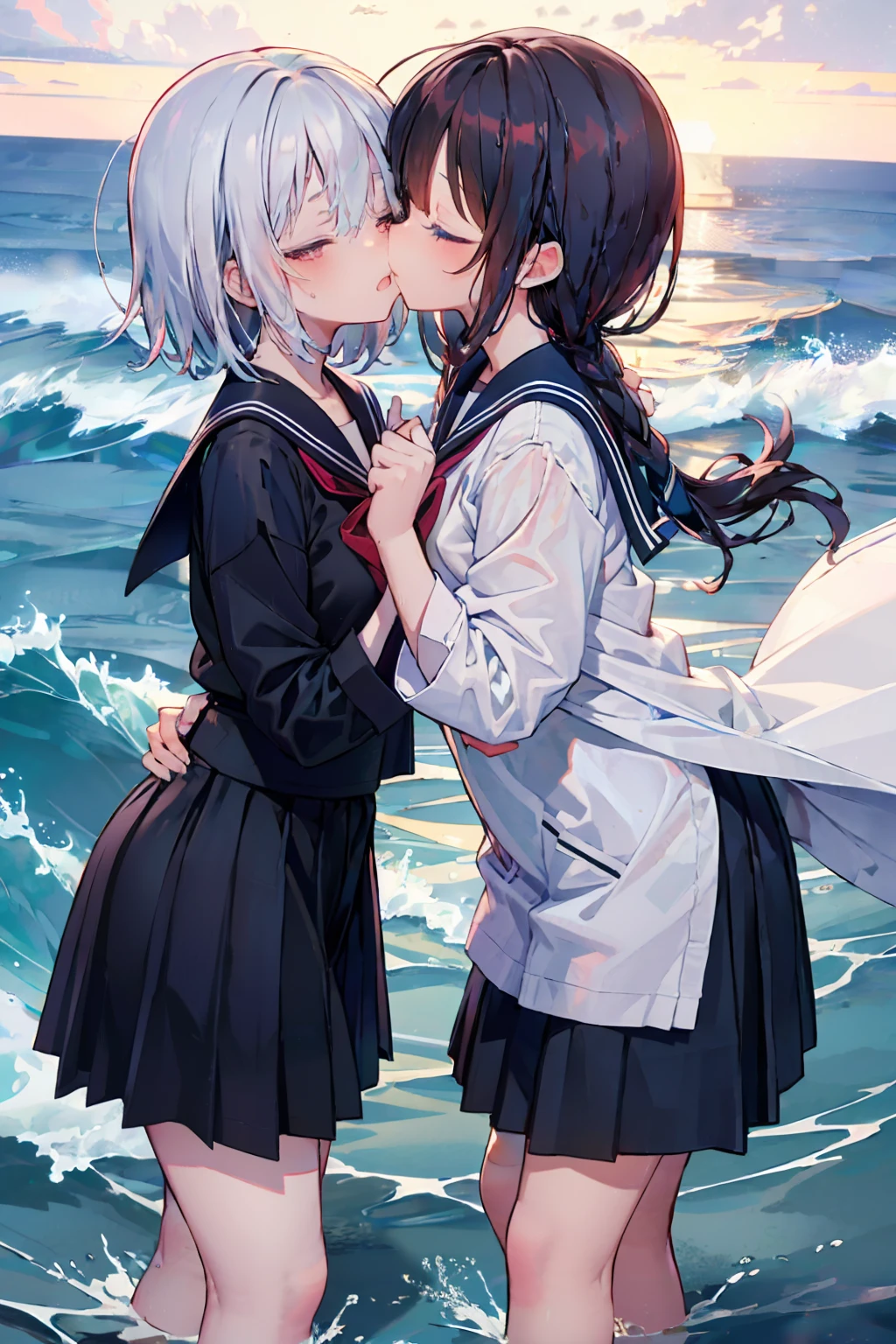 2 girls, 傘もささずにheavy rainの中抱き合う二人, Kissing, Kiss each other, Close your eyes, Ocean, Wavy, Big Wave, heavy rain, soaked, Sailor suit, ribbon, Gothic Skirt, navy blue, Long skirt, I don&#39;t care about getting wet, Lots of water all over the body, splash, Soaking wet, Submersion, Lots of water, Standing in water, 