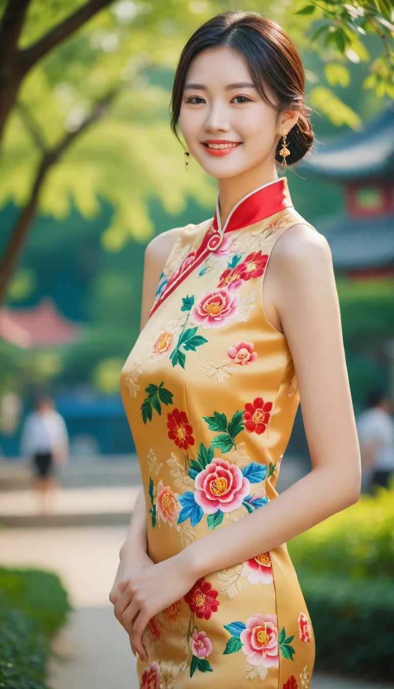 Portrait of a beautiful young woman in a chinese cheongsam, smiling and standing, showcasing her thighs, medium shot, vibrant and colorful oil painting with bold brushstrokes, intricate embroidery on the cheongsam, delicate flower patterns on the silk, blurred background of a sunny park with warm and soft light, 8k resolution, lifelike, masterpiece, photorealistic, high contrast, soft focus bokeh, warm golden lighting, delicate textures, beautiful composition.