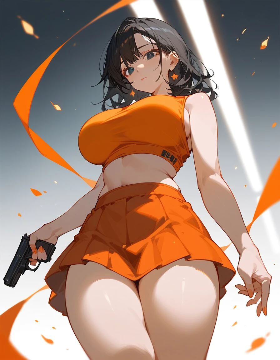 girl with long black hair, big breasts, very sexy legs, short orange skirt, orange tank top, beautiful black eyes, holding a black pistol in one hand, she is standing looking down