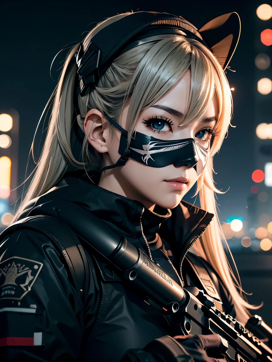 Close-up of people holding guns and rifles, Best anime 4k konachan wallpaper, Amazing anime 8k, From the Azur Lane video game, m4 sopmod ii, The finer details. , Black Costume,Night Vision Scope、mask、assassin