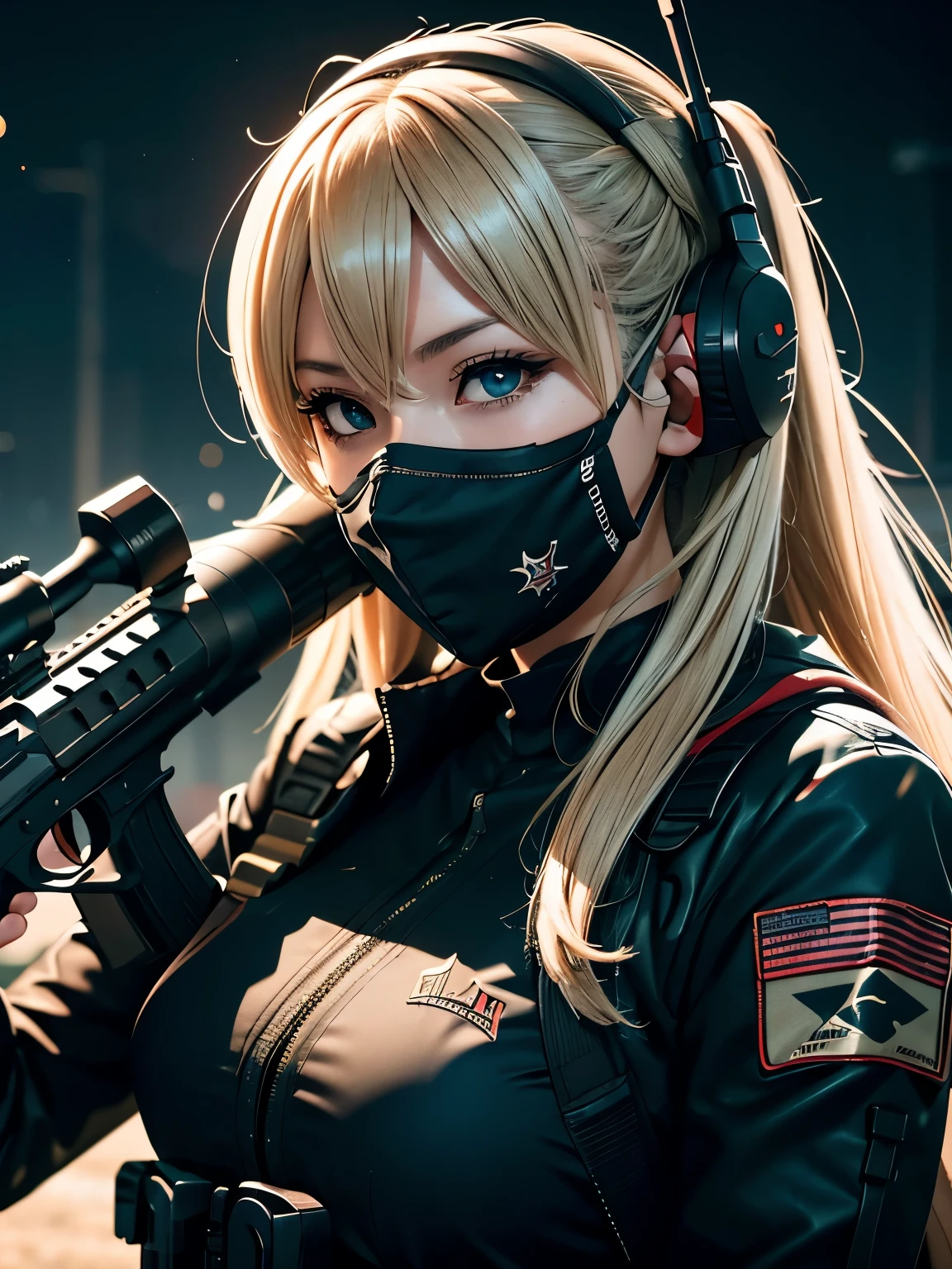 Close-up of people holding guns and rifles, Best anime 4k konachan wallpaper, Amazing anime 8k, From the Azur Lane video game, m4 sopmod ii, The finer details. , Black Costume,Night Vision Scope、mask、assassin