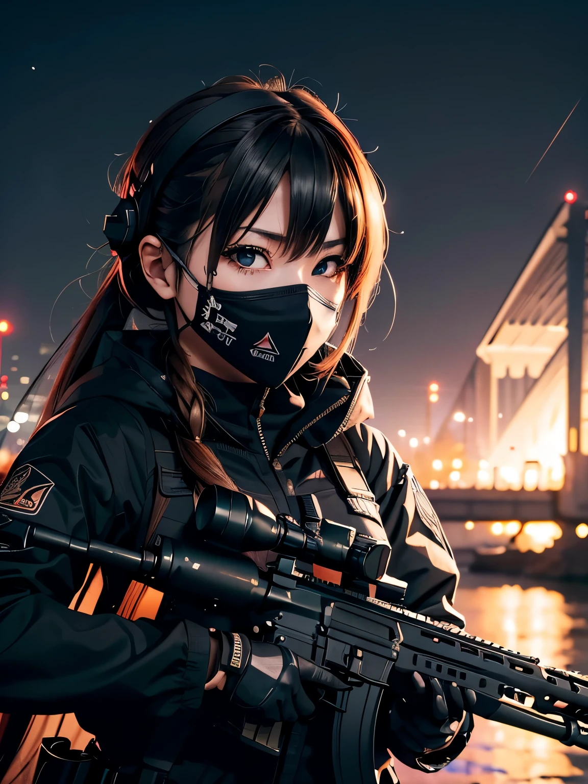 Close-up of people holding guns and rifles, Best anime 4k konachan wallpaper, Amazing anime 8k, From the Azur Lane video game, m4 sopmod ii, The finer details. , Black Costume,Night Vision Scope、mask、assassin