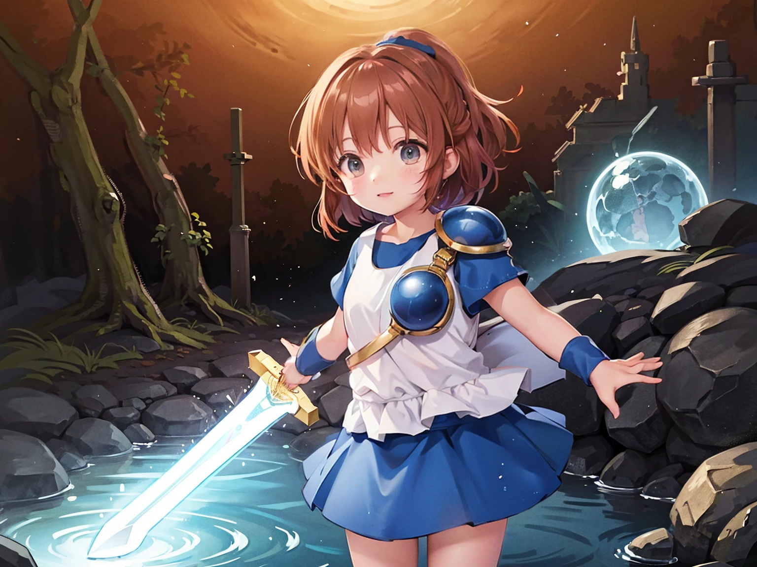 High resolution, masterpiece, Highest quality, High-resolution model, (Arle Nadja cosplaying as a Holy Knight)、Gauntlet on left hand、Holding a longsword in his right hand、A blue aura emanates from the sword.、Wide wilderness、ruins、Standing on a 、Bathed in blood、Sword raised gesture、Countless corpses、The armor is covered in blood.、Hold the long sword up、Holy Knight Helmet、Claude Solas、Sword of Light、Cosplay girl