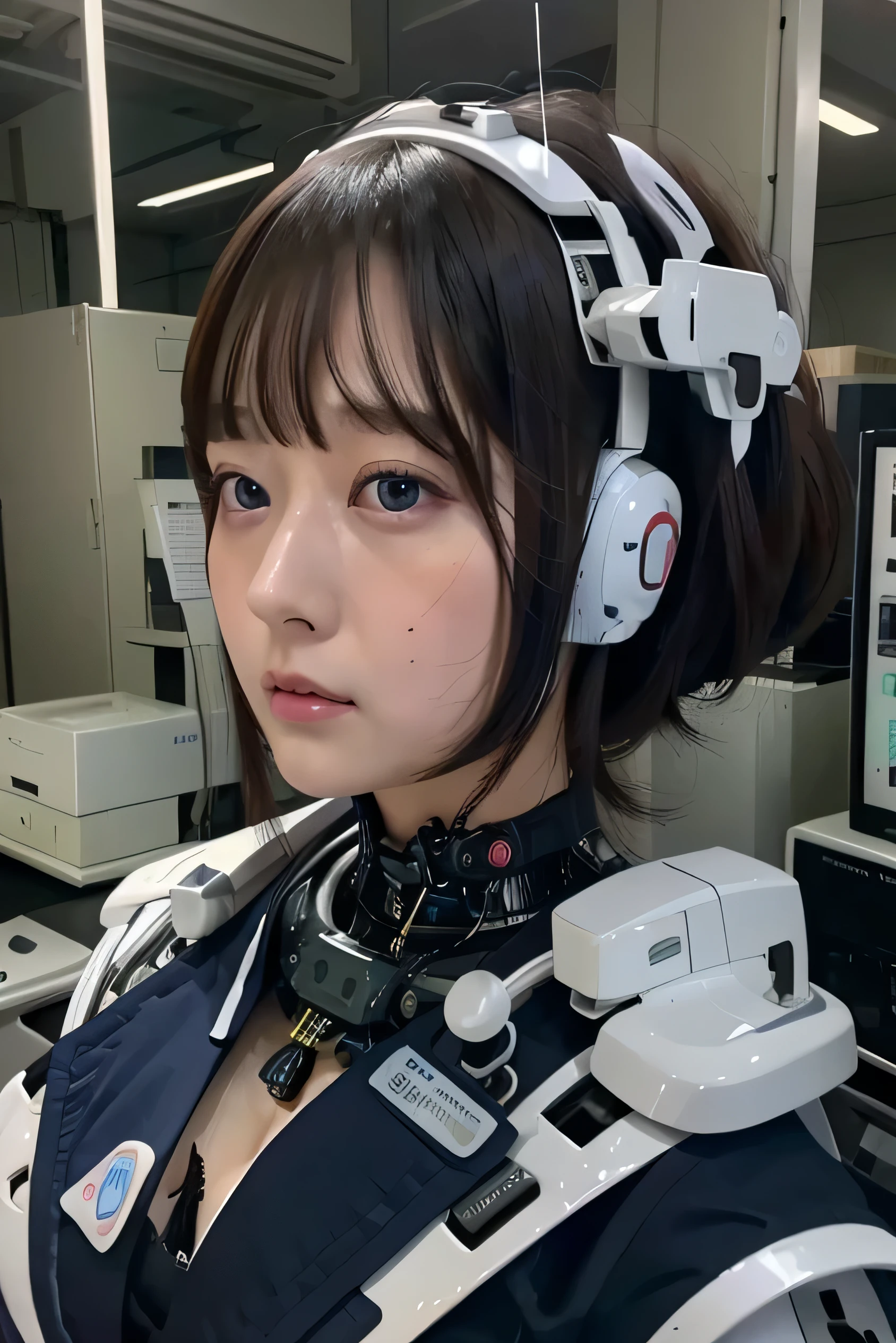 masterpiece, Best Quality, Extremely detailed, 8K portrait,Japaese android girl,Plump , control panels,Robot arms and legs, Blunt bangs,perfect robot girl,a bit chubby,white gloves,chest monitor,blue eyes,Charging spot,She is exhibits,exibition hall,promo girl,office-lady