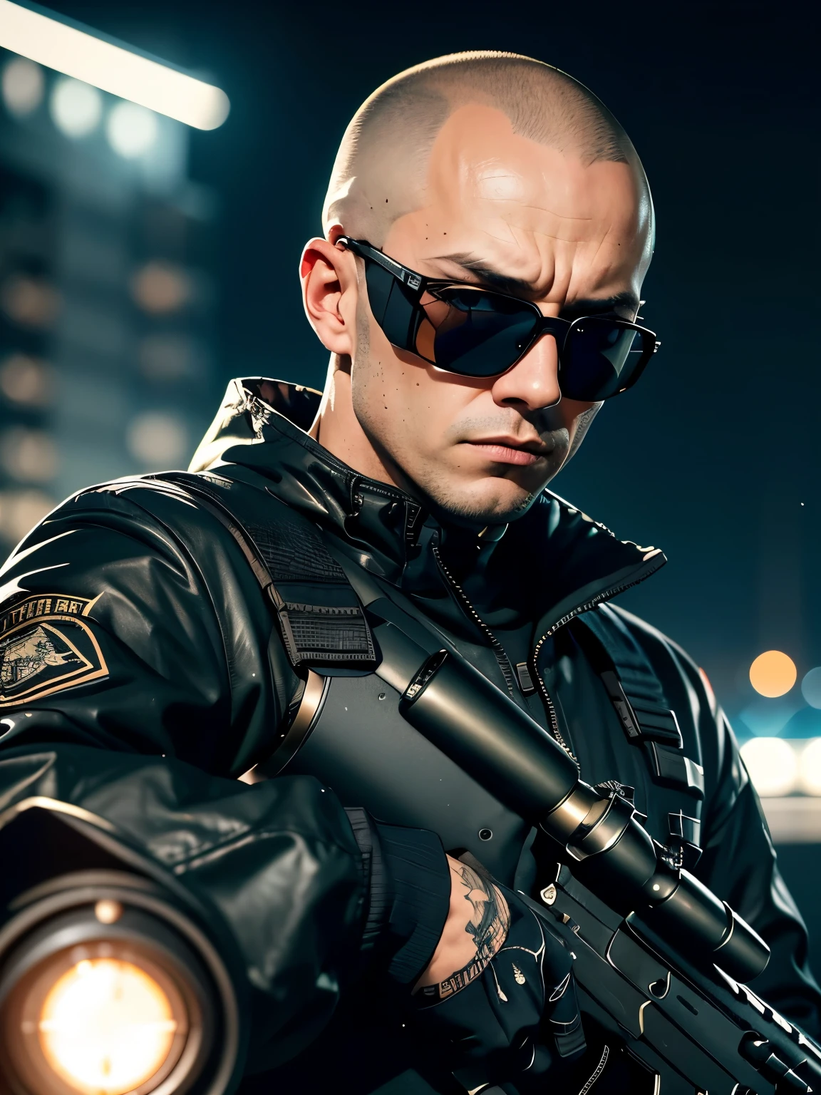 Close-up of a skinhead man holding a gun and a sniper rifle, Best anime 4k konachan wallpaper, Amazing anime 8k, From the Azur Lane video game, m4 sopmod ii, The finer details. , Black Costume,Night Vision Scope、mask、assassin、sunglasses