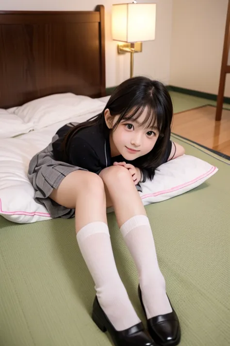 Japanese elementary school student ,cute face ,Pretty,Beloved,short skirt ,stocking,shoes, full photo,Spread your legs, bed,lying down,1st grade elementary school, Looking at you with affection