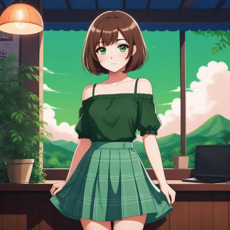 an anime styled girl with a bob cut, brown hair and green eyes, wearing a skirt and  an off the shoulder top. with a lofi style ...