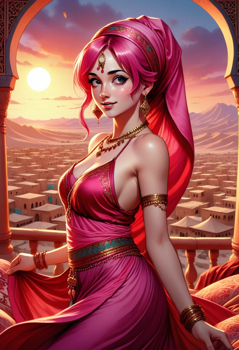 Ultra detailed illustration of pink hair ponytail top not flamboyant handmaiden wearing a pink red belly dancer dress, wearing red abbot head covering, jewelries, material girl, blushing, loving gaze, dancing in a pavilion of ((silk rugs pillow)) at sunset desert oasis,, full body pose, ultra detailed faces, focus on faces, Arabian nights fantasy, fantasy environment, anime style, ((overload merged with One Piece)) bright colors, worked cores, high saturation, hyper detail, high quality, high details, deep color, very accurate