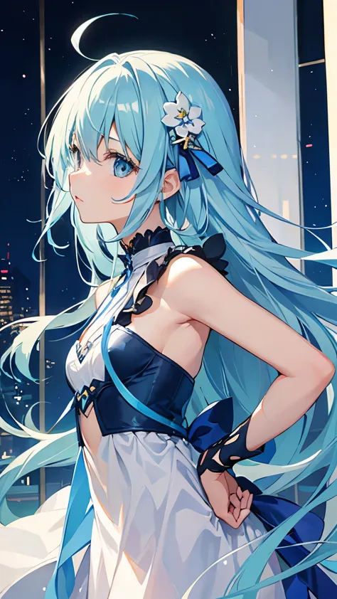 one girl、has long light blue hair、it&#39;s tied in a ponytail at the back。the bangs are slanted.、the ends of the hair are a litt...