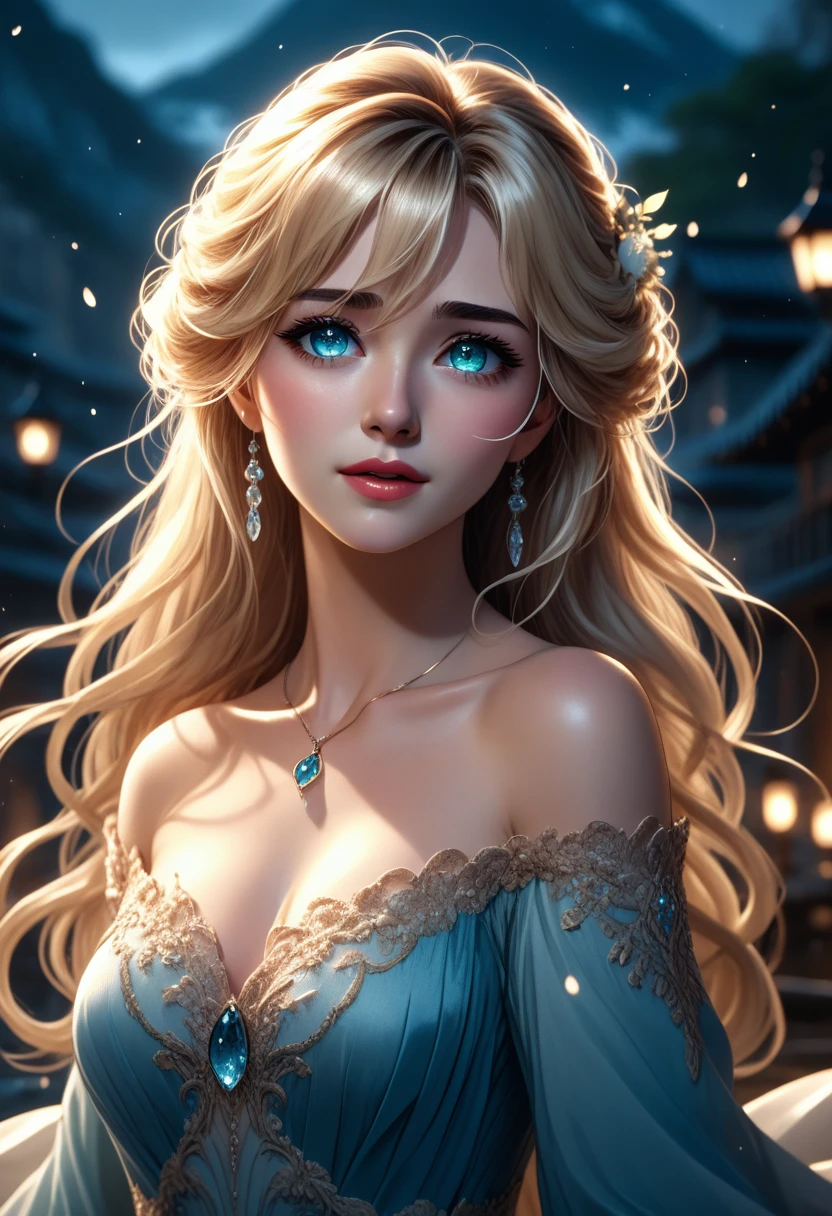 Fullbody 128k Bluray Extreme UHD 4K High quality anime image . My attention is drawn to an incredibly beautiful woman with long, wavy blonde hair that falls like waterfalls, full lips and cyan eyes. Her presence radiates elegance and charm, her features perfectly highlighted by the ambient glow. an incredibly beautiful woman catches my eye. Her presence radiates elegance and charm, her features perfectly highlighted by the ambient glow. royal hair style , immersed in happiness, adding a personal and intimate touch to the scene." Rendered in stunning 4K and UHD resolution using Octane Render CGI technology, everything comes to life in a mesmerizing 16K masterpiece, with an aura fascinating and high level of detail, anime fantasy illustration with tears in her dark eyes, beautiful fantasy portrait, beautiful anime woman with blonde hair, 4K, UHD, Ultra HD 4K image, intricate details , extremely detailed, incredibly detailed. The woman dress a  dress on high heels