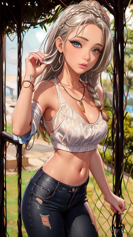 ((ultra quality)), ((Masterpiece artwork)), gnome girl, short in stature, ((blonder woman, long hair, braided)), (silver earrings), (silver necklace around the neck), (Beautiful cute face), (beautiful female lips), enchanting, ((sexy facial expression)), is looking at the camera, eyes are slightly closed, (cor da pele: offwhite), Body shine, ((beautiful detailed female eyes)), ((dark blue eyes)), (juicy female lips), (beautiful female hands), (Figure a little full, good), ((perfect female figure)), perfect female body, beautiful waist, beautiful hips, beautiful medium breasts, ((subtle and beautiful)), seductively worth it (rear view) (close do rosto), (wearing blackface jeans, offwhite tanktop) fund: on the threshold of the house, hot day, ((Depth of field)), ((high quality clear image)), (sharp details), ((highy detailed)), realisitic, professional photo session, ((Focus Clear)), the anime
