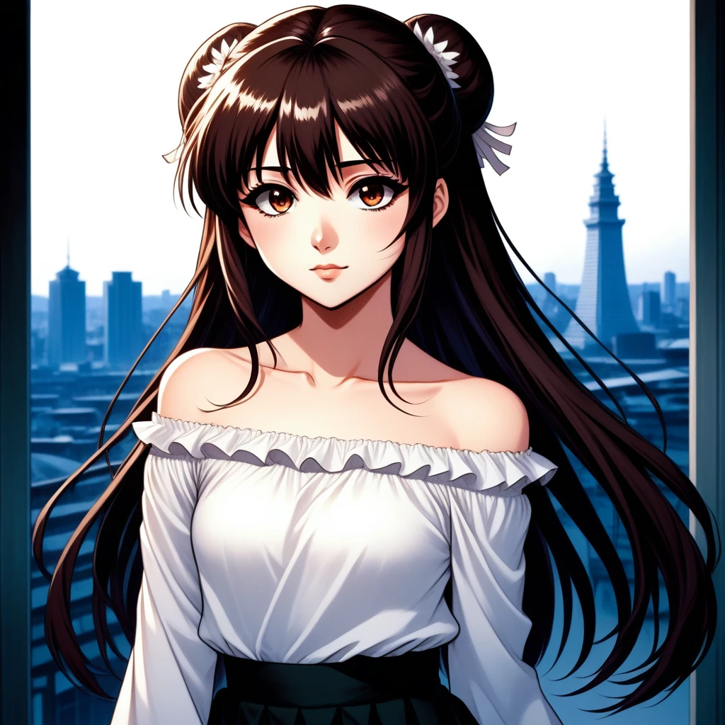 A young girl with long dark-brown hair and straight bangs, fair skin, and a slim build. On her face she has a large scar similar to the character “Utahime Iori” from “Jujutsu Kaisen”. She is wearing an elegant white off-the-shoulder, long-sleeved blouse; A very pretty short black ruffle style skirt