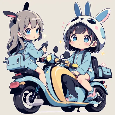 perfect anatomy、highest quality、masterpiece、blue rabbit costume、big goggles on your head、a cute, futuristic scooter in pastel co...