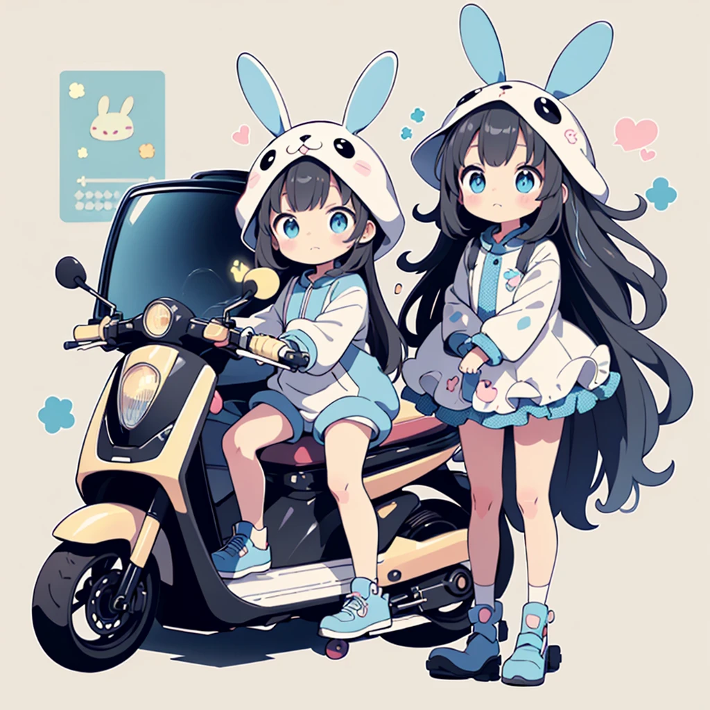 Perfect Anatomy、Highest quality、Masterpiece、Blue rabbit costume、Big goggles on your head、A cute, futuristic scooter in pastel colors、A cutely designed rider suit、White background、Poster,Blue rabbit costume、kawaii tech,