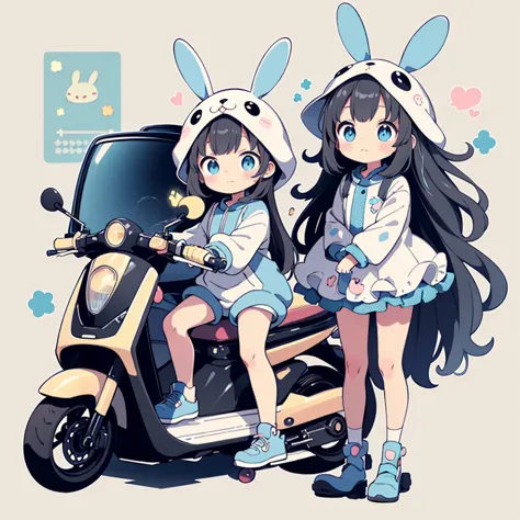 perfect anatomy、highest quality、masterpiece、blue rabbit costume、big goggles on your head、a cute, futuristic scooter in pastel co...