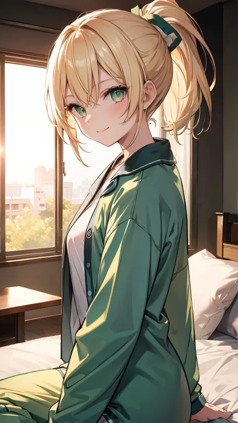 ,highest quality,blonde,green eyes,ponytail,sportswear,bedroom,on the futon,smile,pajamas,tatami,slender,