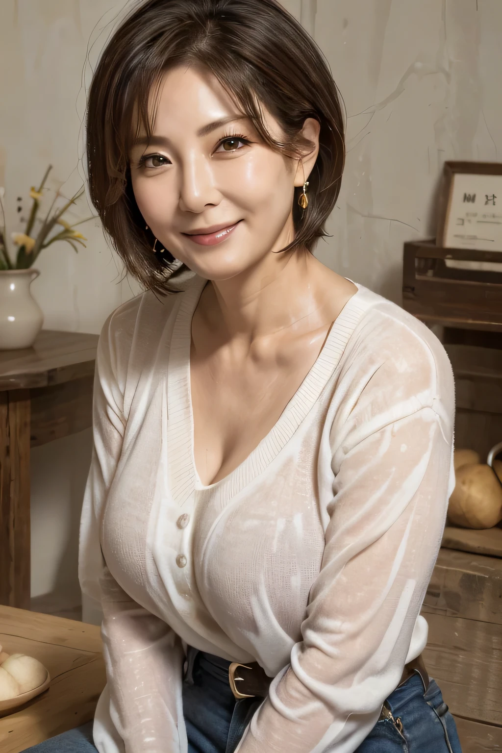 ((Highest quality, 8k, Tabletop :1.3)), Sharp focus :1.2, Beautiful Mature Women Two Mature Women, Japanese women, Mature Woman, ((Loose knit shirt)), Down blouse, ((Leaning forward)), (Huge breasts), (smile:1.15), Highly detailed face and skin texture, Detailed eyes, (Round face:1.4), Shopping at the morning market 1.5、Photographing the whole body from a distance 2.0、Sudden rain makes clothes and body wet