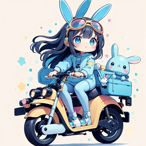 perfect anatomy、highest quality、masterpiece、blue rabbit costume、big goggles on your head、a cute, futuristic scooter in pastel co...