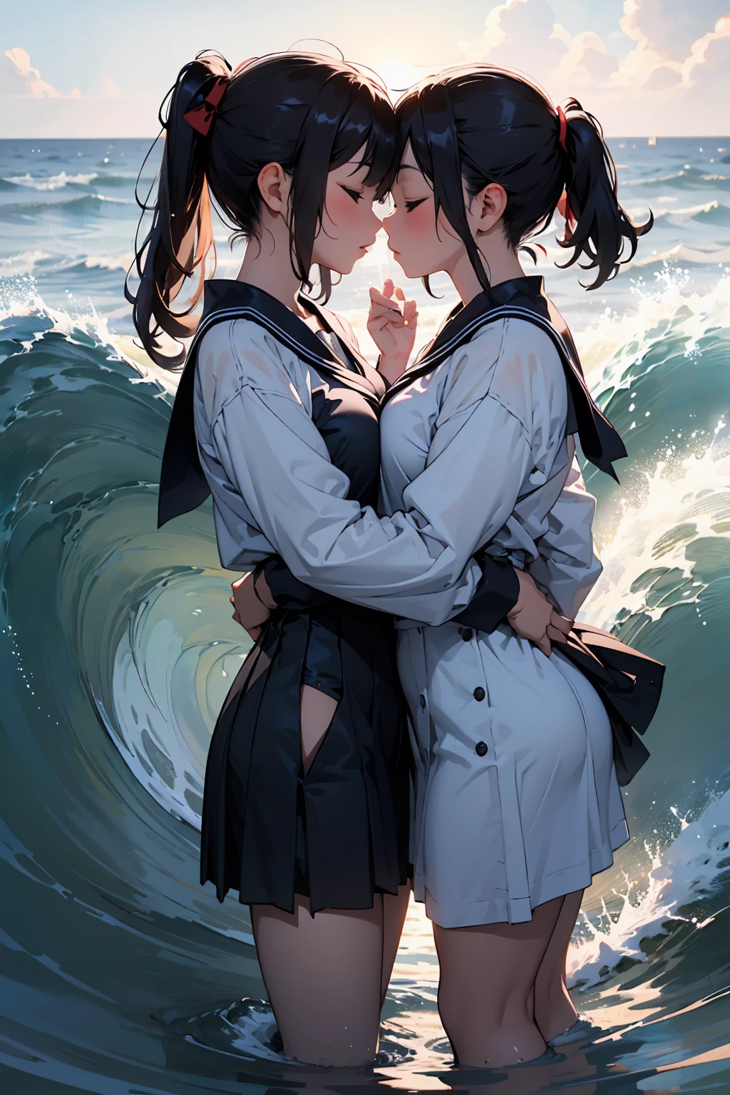 2 girls, 傘もささずにheavy rainの中抱き合う二人, Kissing, Kiss each other, Close your eyes, Ocean, Wavy, Big Wave, heavy rain, soaked, Sailor suit, ribbon, Gothic Skirt, navy blue, Long skirt, I don&#39;t care about getting wet, Lots of water all over the body, splash, Soaking wet, Submersion, Lots of water, Standing in water, Two girls, heavy rainの中抱きしめ合う, Kissing, Kiss each other, Close your eyes, Ocean, Wavy, heavy rain, soaked, Sailor suit, ribbon, Gothic Skirt, navy blue, Long skirt, Wet and shiny, Lots of water all over the body, splash, Soaking wet, Submersion, Lots of water, Standing in water, 