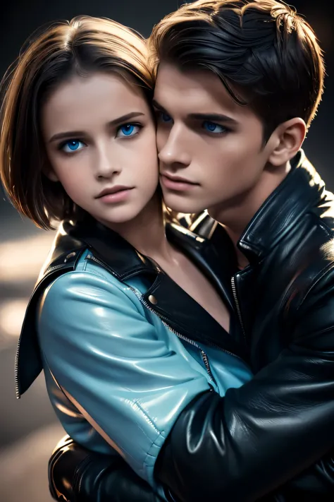 Masterpiece, Superb Clothing, (Illustration), ((2 People)), ((Handsome Young Couple Kissing and Hugging),  Fashion, Leather Jacket, (boy have short hair and blue eyes), (Happy), (White Skin), (Dark Circles), Handsome, , Toast, Trend, Dark Gray, boy have short hair and blue eyes, Close Up, (Grand Background), (Chiaroscuro)), Fine Face Details, Facial Details, Cinematic Lighting, (Depth of Field), UHD, (Upper Body), Black Background, girl with long hair.