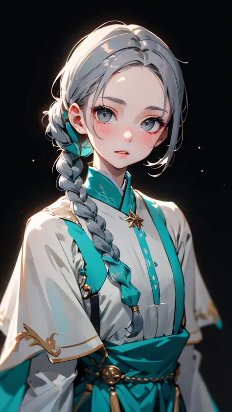 1 girl, white skin、caucasian、very cute face、small nose、fuller lips、braids tied together、french braid、malaise、night, dark, ((grey...