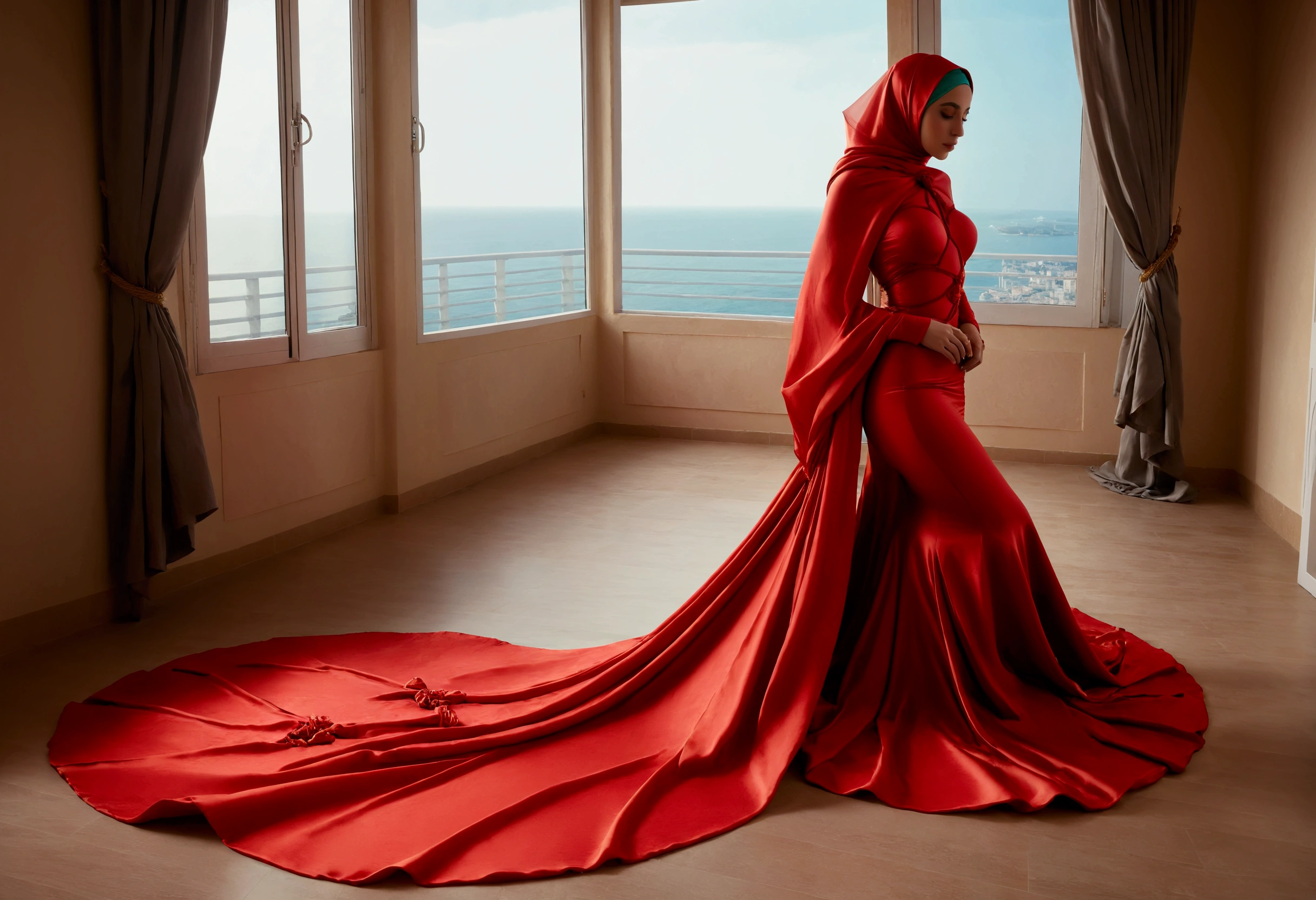 A woman shrouded in 9 meters of red satin, tight wrapped from the waist to the thighs and mermaid shape on the bottom of dress, tied tightly and magnificently draped along her body shape, 9 meter long flowing dress tail on the floor, strugle to handle her dress,styled in mermaid inspired clothing, her head is simply veiled in a satin hijab, 185cm tall woman, walking in luxury balcony, full body pose conveying an elegant impression, caught on camera in resolution 4k, very realistic