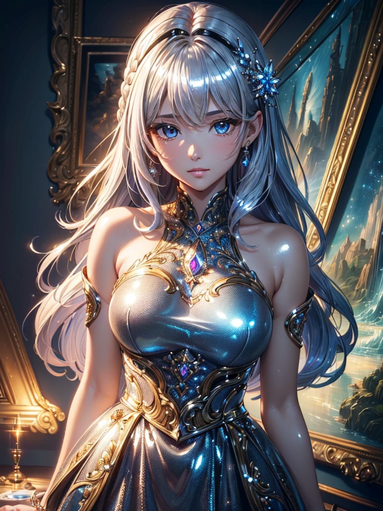 ((Highest quality)),(Ultra-high resolution),(Very detailed),(Detailed Description),((The best CG)),(A masterpiece),Ultra-detailed art,Amazing painting art,(Art with precise detail:1.5), (Shiny Hair:1.7),gem:1.3, sparkle:1.3, darkness:1.6, Light:1.7