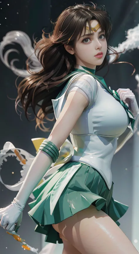 arafed image of a woman in a short skirt and a white shirt, sailor jupiter. beautiful, smooth anime cg art, extremely detailed a...