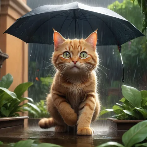 thunderstorm and downpour in the garden. frightened cute cat runs away from the rain, uhd, perfect composition, sf, intricate ar...