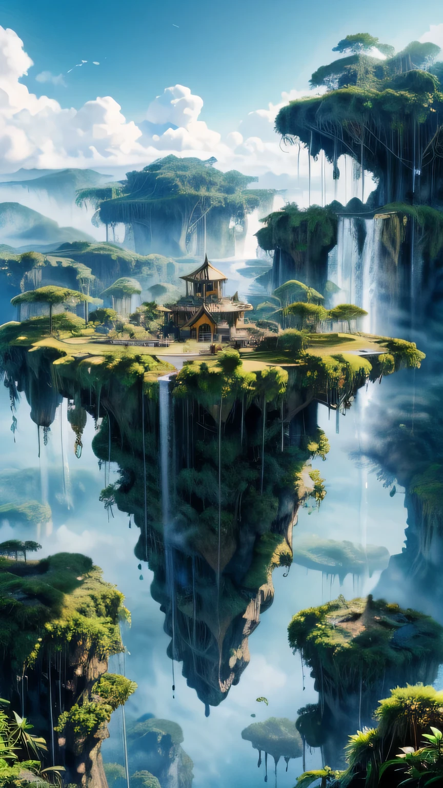 A mystic mysterious island above the sky, tropical rainforest, mist, clouds surrounding the island, waterfalls falling from the sky, mysterious atmosphere,floating island in the sky, mystic, fancy, digitl art, details Intricate, 8k, photorrealistic, hyper realist, cinematic lighting, dramatic lighting, high qualiy, details Intricate, work of art, digitl art