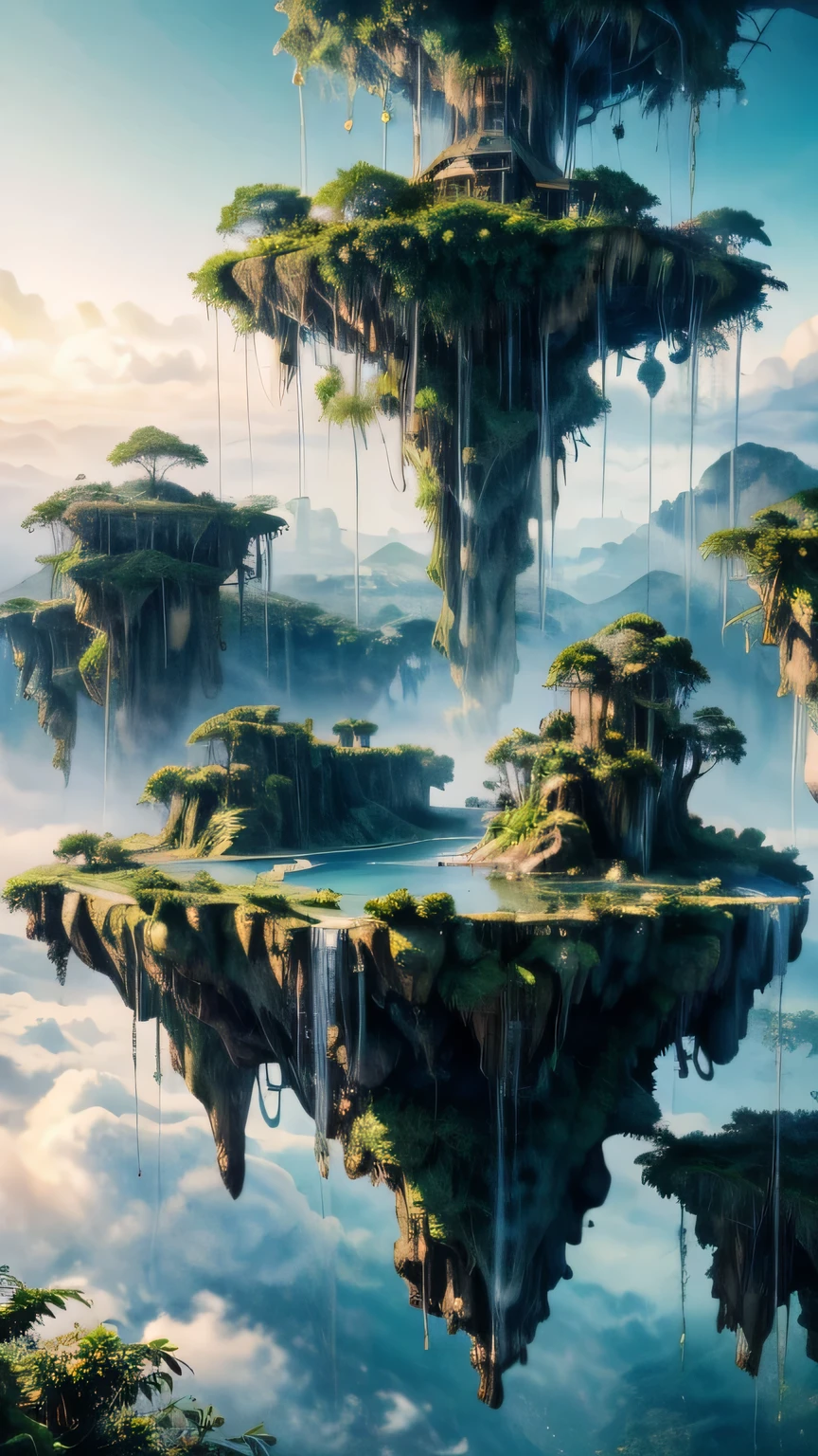 A mystic mysterious island above the sky, tropical rainforest, mist, clouds surrounding the island, waterfalls falling from the sky, mysterious atmosphere,floating island in the sky, mystic, fancy, digitl art, details Intricate, 8k, photorrealistic, hyper realist, cinematic lighting, dramatic lighting, high qualiy, details Intricate, work of art, digitl art