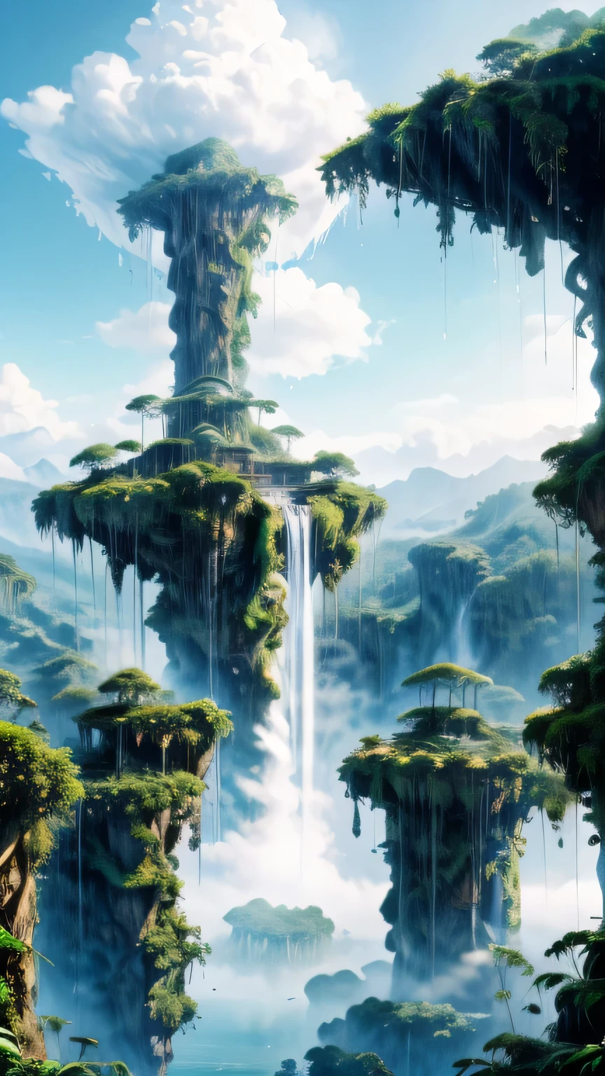 A mystic mysterious island above the sky, tropical rainforest, mist, clouds surrounding the island, waterfalls falling from the sky, mysterious atmosphere,floating island in the sky, mystic, fancy, digitl art, details Intricate, 8k, photorrealistic, hyper realist, cinematic lighting, dramatic lighting, high qualiy, details Intricate, work of art, digitl art