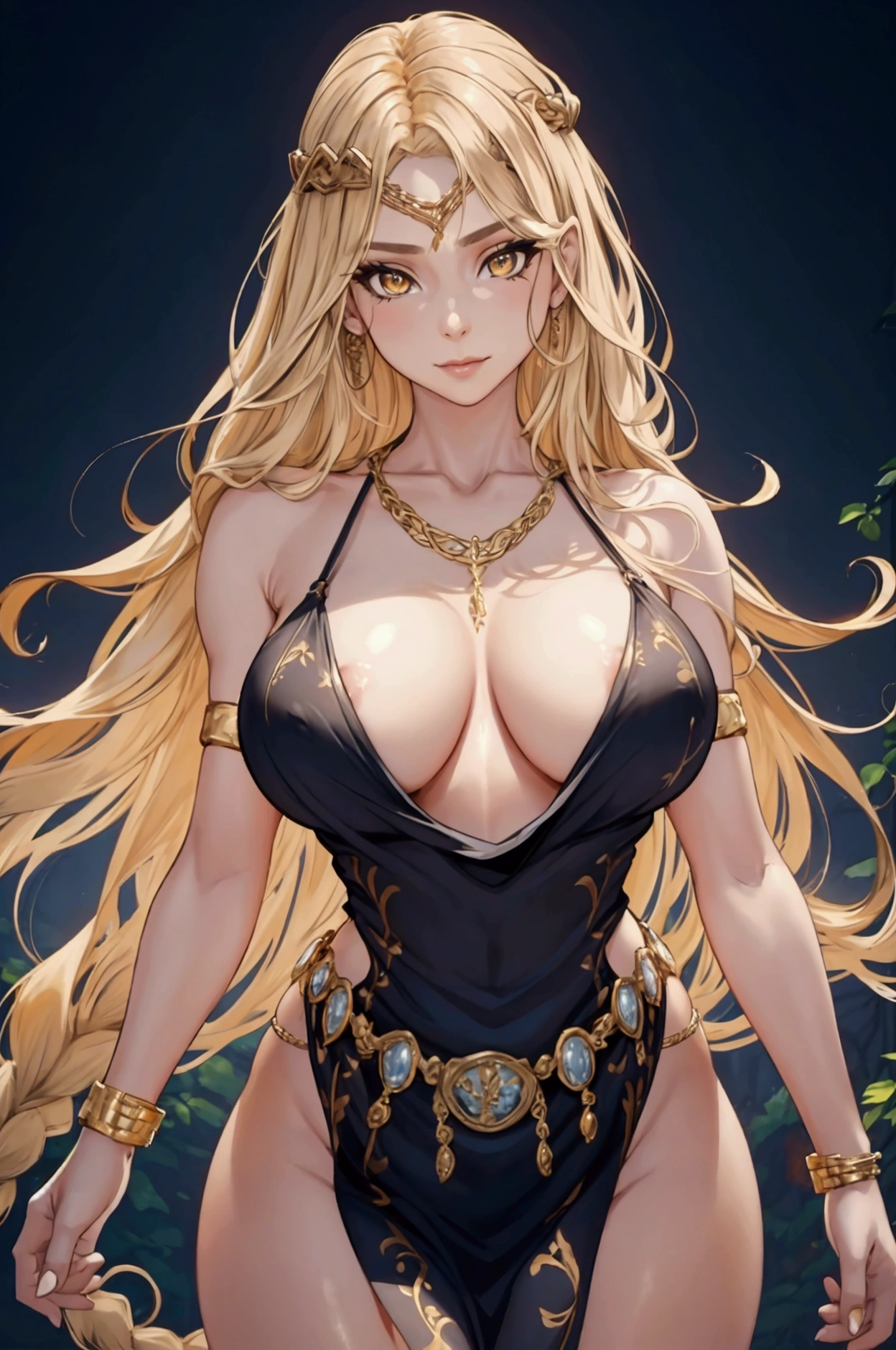 1 woman, Queen Marika, milf, serious smile, standing, in pose, one hand on her waist, hair blonde, long hair, braided hair, golden eyes, perfect eyes, beautiful face, (perfect face:1.3), Ultra-detailed face, (detailed face:1.3), sexy face, sexy woman, jewelry, bracelet, armlet, necklace, dress, bare_shoulders, large_breasts, black_dress, cleavage, solo,gold_chain, huge breasts, massive breasts, wide thighs, big ass, bare feet, upper body, looking at viewer, (outdoor), nature background, Ultra-detailed body, (detailed body:1.3), High quality, Masterpiece, Ethereal,Ultra-Detailed,8K, divine presence, breathtaking beauty, vivid colors reflects, front view