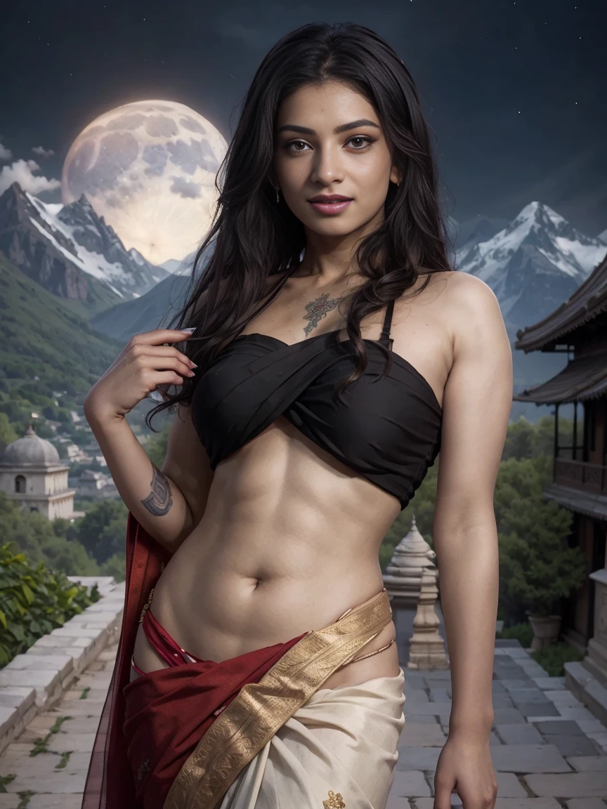 Unity CGI wallpaper, Masterpiece, best quality, Beautiful  woman, village, wearing saree, portrait, walking, on the roof o the palace, mountain background, moonlit night,detailed body,  cute, iconic, photorealistic, belly piercing, perfect anatomy, wavy hair, masterpiece, 8k, ultra realistic, detailed background, palace, god rays, ambient occlusion, tattooed hands