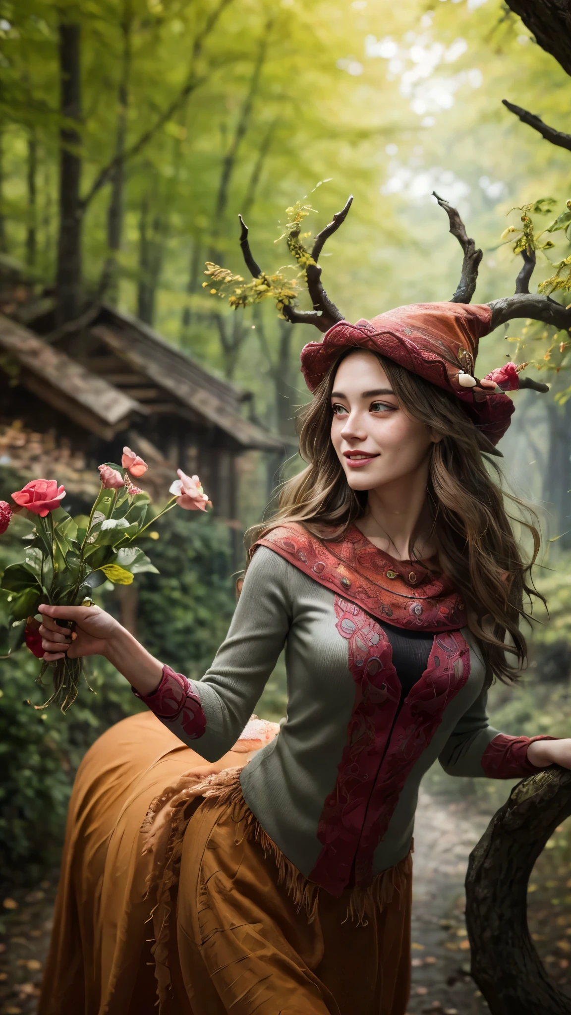 photorealistic, 35mm, intricate details, hdr, intricate details, hyperdetailed, natural skin texture, hyperrealism, sharp, 1 girl, adult (elven:0.7) woman, freckles, grey eyes, chestnut layered hair, portrait, looking down, solo, half shot, detailed background, witch hat, witch, magical atmosphere, hair flowing in the wind, red trimmed light colored clothes, whirlwind of swirling magic spell in the air, dark magic, (style-swirlmagic:0.8), floating particles,smiling