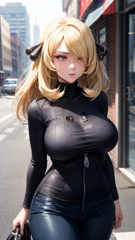 masterpiece, Highest quality, (Unreal Engine), reality:1.5, Super Resolution,  Very detailed, Complex, colorful, Clear images, Sharp focus, Digital Blending, 

Beautiful woman, character_Pokemon_Cynthia, Cynthia, Blonde, Long Hair, Hair on one eye, hair ornaments, very Long Hair, Large Breasts, Wavy Hair, Grey Eyes, Big Breasts, Perfect Eyes, Beautiful Eyes, Perfect Face, Ultra detailed hair, Ultra detailed face, Very detailed lips, Vivid expression, Healthy Body, Beautifully detailed sweat glands, Smooth skin texture, Beautiful Skin, Carefully drawn,

((humidity:1.2), Sticky with sweat),  (Wear a tight business suit,Bold sexy pose),

indoor, Working in the city, ((Hasselblad Photos), Dynamic Angle), 

