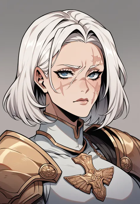 nsfw, a female crusader with a sci fi aesthetic, white haired femal with facial scars, beautiful mature face, amoured woman, gau...