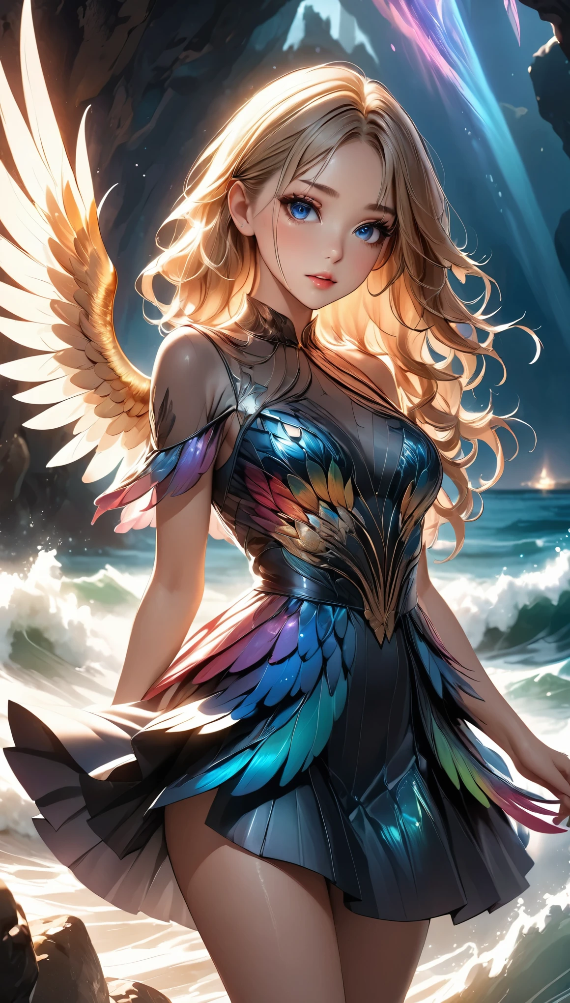 (Highest quality:1.2, Very detailed, Delicate and beautiful CG art, Detailed illustrations, Attention to detail, masterpiece:1.2, Highest quality, Best aesthetics), ((1 girl)), A beautiful siren with white angelic wings., Thin Film Interference Dress, mini skirt, Lightweight fabric, Detailed face, Big eyes, Long eyelashes, Elegant appearance, Heavenly Light, Rocky reefs, Wave, Sing a song, krakens, Shining Aura, Random Pause:1.3, detailed plumage, Dramatic lighting, Bright colors, Fantasy, Cinematic Light,