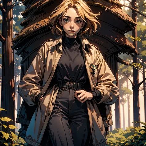 maya thurman-hawke, robin buckley wearing a beige jacket and black blouse, standing in dark forest, front view, stranger things