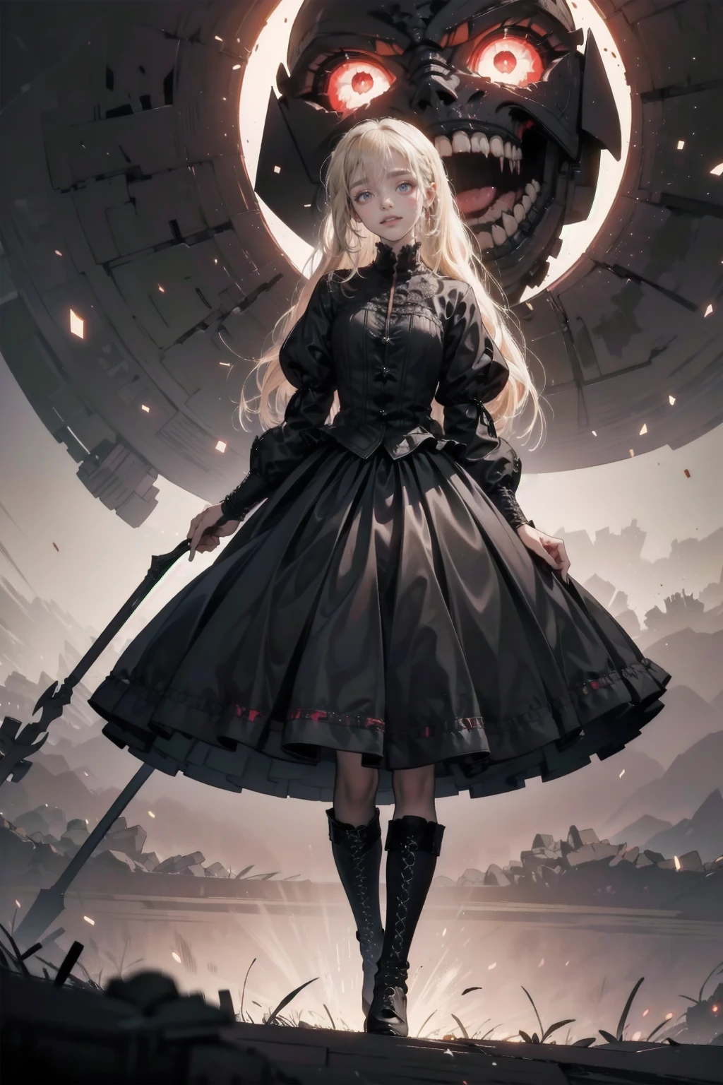 shaded face　、beautiful girl、とてもcute天使、Pink T-shirt、cute、Baby Face、smile、Long skirt、Black long boots、.(Highest quality,4K,High resolution,Masterpiece 1.2),Very detailed,Realistic 1.37,Spooky altar background,Dark fantasy,Red color scheme,Ominous atmosphere,Eye-catching,Storytelling,anatomy,Anime Style,Concept Art,beautiful細部までこだわった顔と (((Red eyes ))),A terrifying ritual ,Satanic Ritual,Premature death,inappropriate behavior,クレイジーなsmile,Scythe Face,Girl Monster, beautiful, Delicate facial features, Sharp Eye, Sharp Fangs, pale skin, Dark Background, Cinema Lighting, Dramatic Shadows, Gothic style, Gloomy atmosphere, Dark fantasy, one person&#39;s, Please open your mouth wide, Open your mouth and baring your teeth,Sharp teeth like a beast, Wide lips, very wide mouth, Vermilion cheeks, ,(Blood splatter1.3),Scary smile, smile,Angel Design, Twisted smile、Bloody、bleeding from the head,,,,,、Blood splatter、,(Blood splatter1.3),skull,Horror Style, ((Fantasy Sweet Ta Frill Pink Costume)), ((Flowing blonde hair)), ,(Blood splatter1.3),Female curves, Sexy flat stomach, Perfect hands, Perfect anime face, (Pink Tata Dress)), Are standing, ((邪悪なsmile)), ,(Blood splatter1.3), Steam circulates, Moonlight Illumination, night lighting, (Blood splatter1.3),アニメAngel Design, Twisted smile、Bloody、bleeding from the head,,,,,、Blood splatter、,(Blood splatter1.3), skull,Gothic architecture、Western architecture、Fantasy World、,Victorian cities, Skeleton Gas Light,Absurd, High resolution、 ((Tabletop)), ((Highest quality)), (Very detailedな), ((Very detailed)), (beautiful), ((cute)), (nfsw1.8), alone,(1.6)、(world&#39;The most terrifying and creepy demon girl 1.5)beautiful face、Whole Body Ezbian、pale, beautiful肌、beautiful金の髪、優しくsmileむ、Dark building ruins、(snow white&#39;Frill dress 1.3)、(The dark ruins are stained with blood 1.3)、Low angle full body shot、(少女は血の海の中にAre standing1.2)、(The ground is .3)、(The girl lost a lot of blood....1.3)、(クレイジーなsmile1.6)、Spirits、(Blood dripping from the mouth 1.3)、
