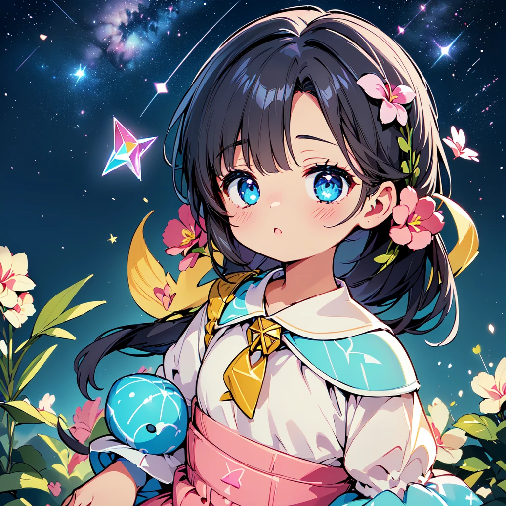 Cute characters、(((Highest quality、Masterpiece、Super detailed、S composition、X Composition、Triangular composition、Square Composition)))、Draw plumeria flower、I look up at the starry sky。Surround her with colorful nebulae and colorful forests。pink、light blue、Blue fantastic light source background、glitter