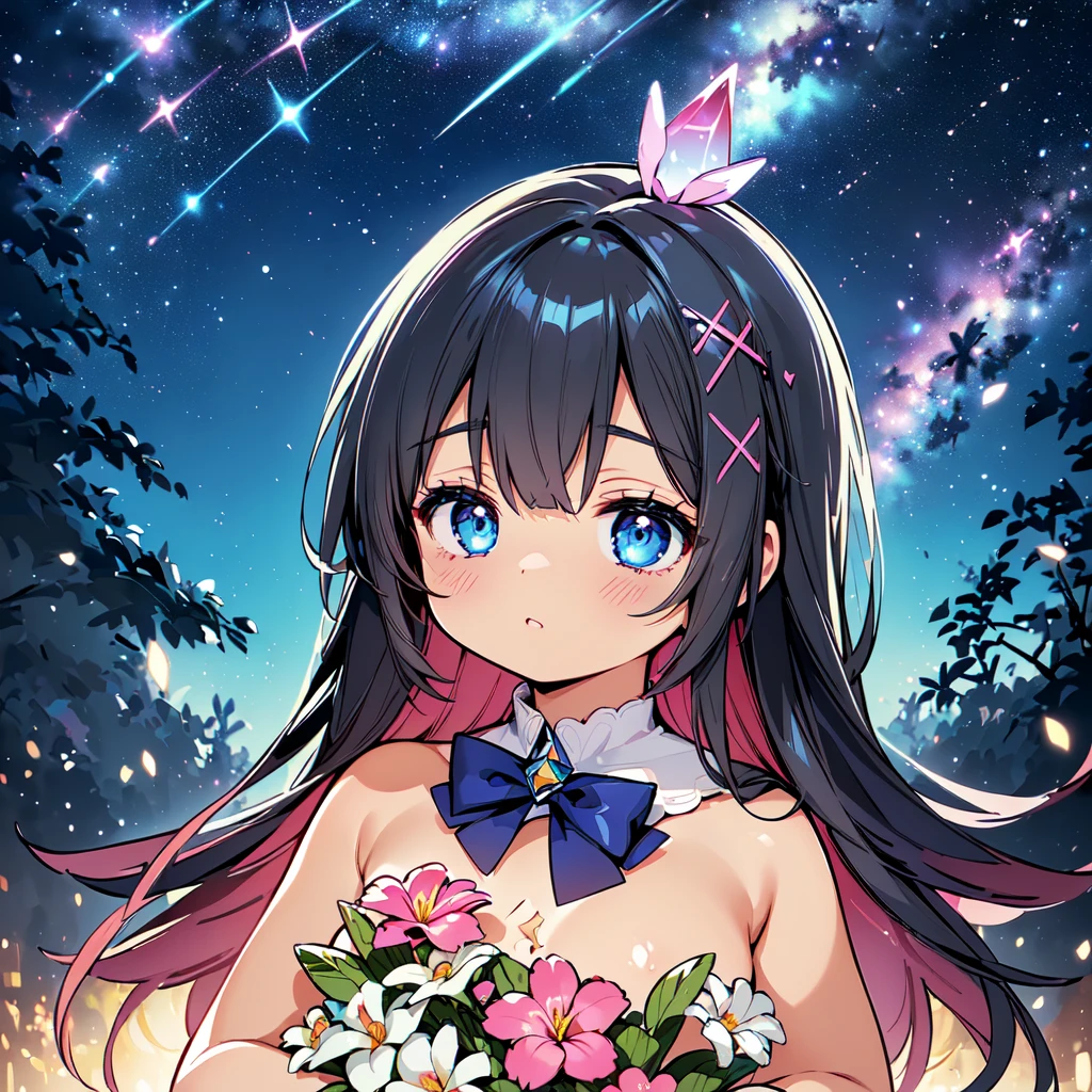 Cute characters、(((Highest quality、Masterpiece、Super detailed、S composition、X Composition、Triangular composition、Square Composition)))、Draw plumeria flower、I look up at the starry sky。Surround her with colorful nebulae and colorful forests。pink、light blue、Blue fantastic light source background、glitter