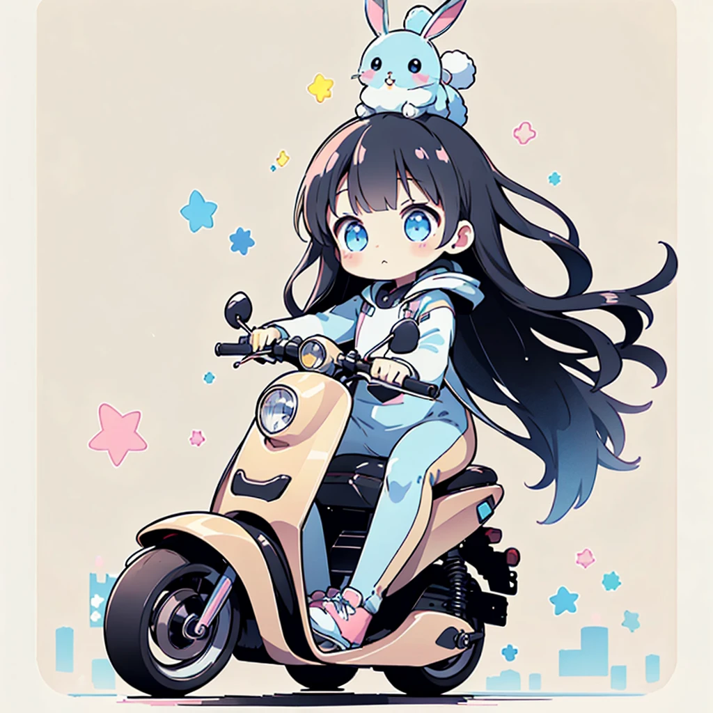 Perfect Anatomy、Highest quality、Masterpiece、Blue rabbit costume、Big goggles on your head、A cute, futuristic scooter in pastel colors、A cutely designed rider suit、White background、Poster,Blue rabbit costume、kawaii tech,