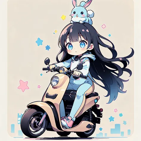 perfect anatomy、highest quality、masterpiece、blue rabbit costume、big goggles on your head、a cute, futuristic scooter in pastel co...