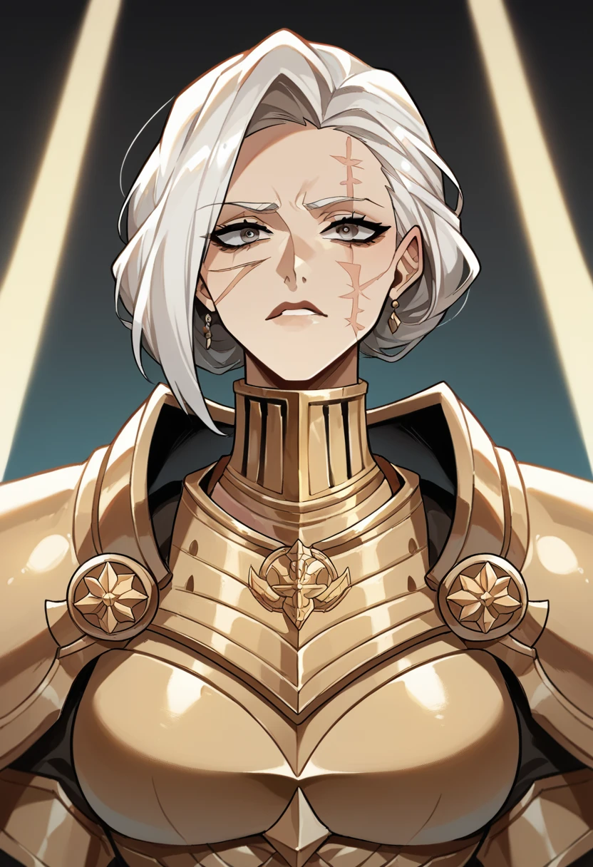 NSFW, a female crusader with a Sci Fi aesthetic, white haired femal with facial scars, beautiful mature face, amoured woman, MILF, gaudy armour, black and gold armour, inquistor, large bust, castle background, evening lighting, judgemental look