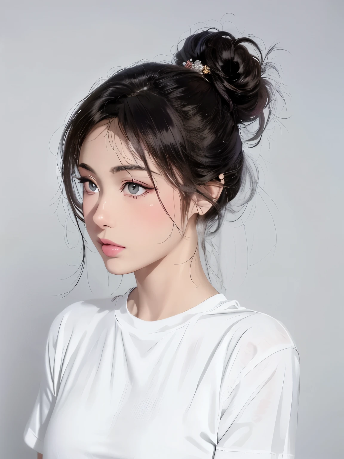 masterpiece,best picture quality,extreme details,ultra high resolution,ultra high definition,Beautiful young people,glowing skin,thin,black hair,Half Roll,1,big eyes,beautiful eyes,lipstick,exquisite facial features,bust,looking at viewer, t-shirt,Single tone background,white background,soft light，profile